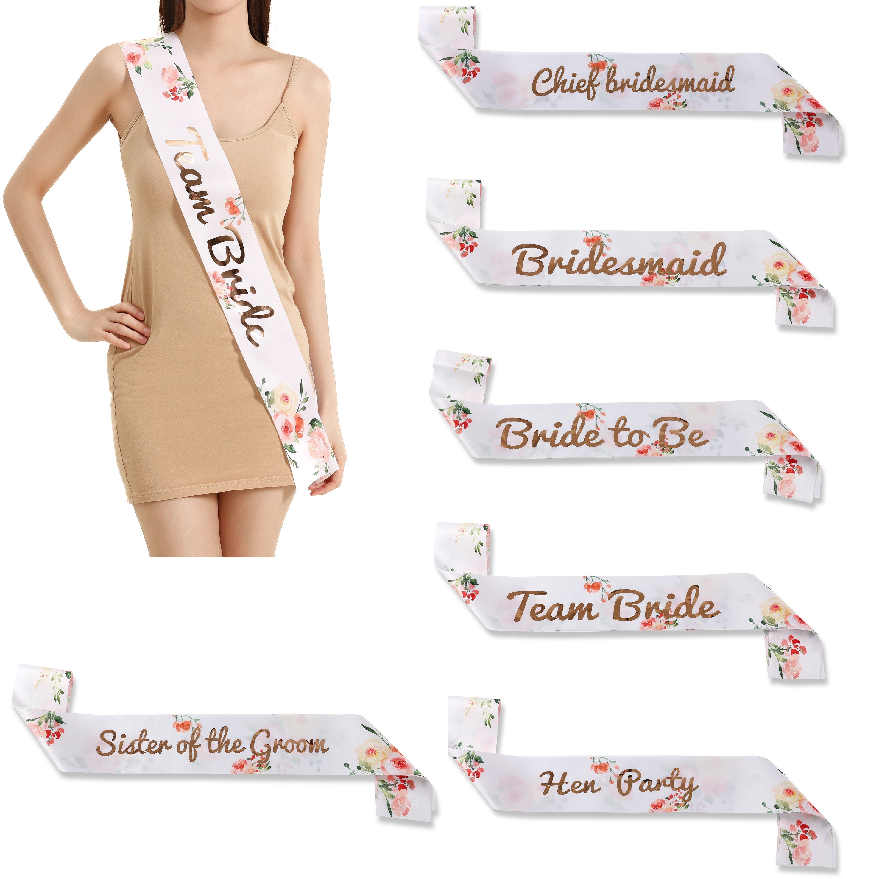 Team Bride Hen Party Sash Rose Gold Satin Pink Floral Sash with Rose G ...