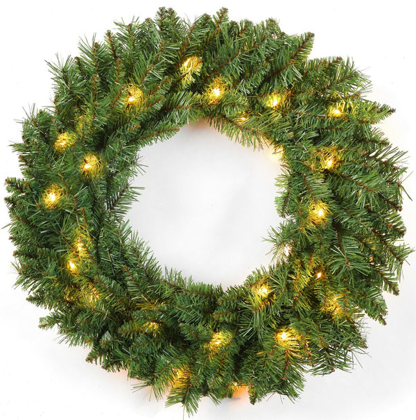 24 inches Christmas Wreath Decorative Garland With Light Door Winter Snow Pine Cone - Nature Plain