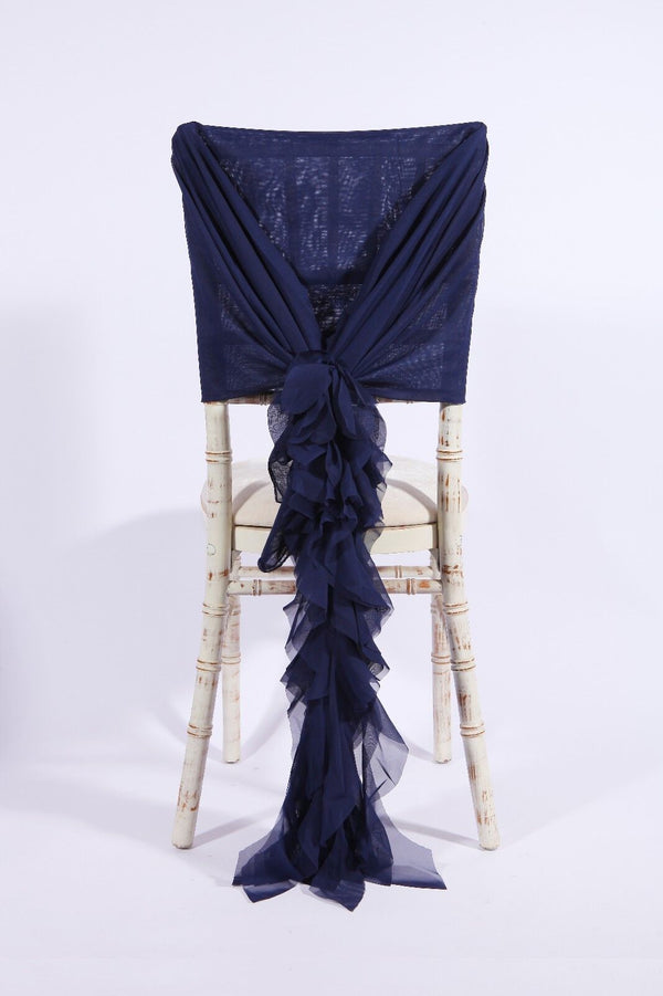 Luxry Chiffon Hoods With Ruffles Decor Chair Cover Sash Wedding Party Events - Navy Blue