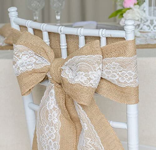 Hessian Burlap Chair Sash with Lace Stitched Edge Pew Bows Shabby Chic Wedding