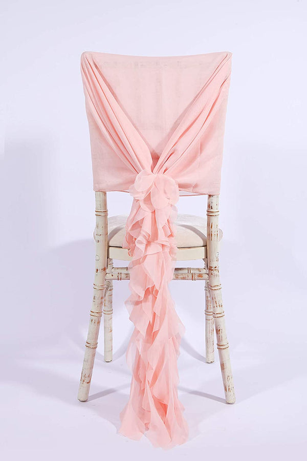 Luxry Chiffon Hoods With Ruffles Decor Chair Cover Sash Wedding Party Events - Pale Pink