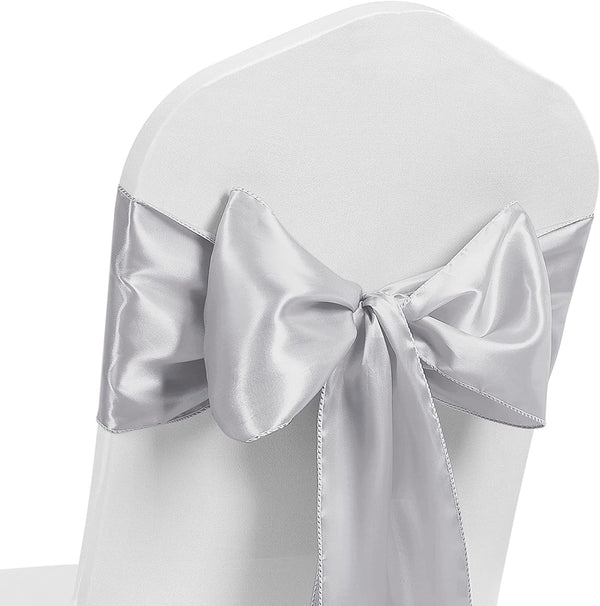 Satin Chair Sash Bow Back Tie Ribbon For Wedding Banquet Decoration - Silver