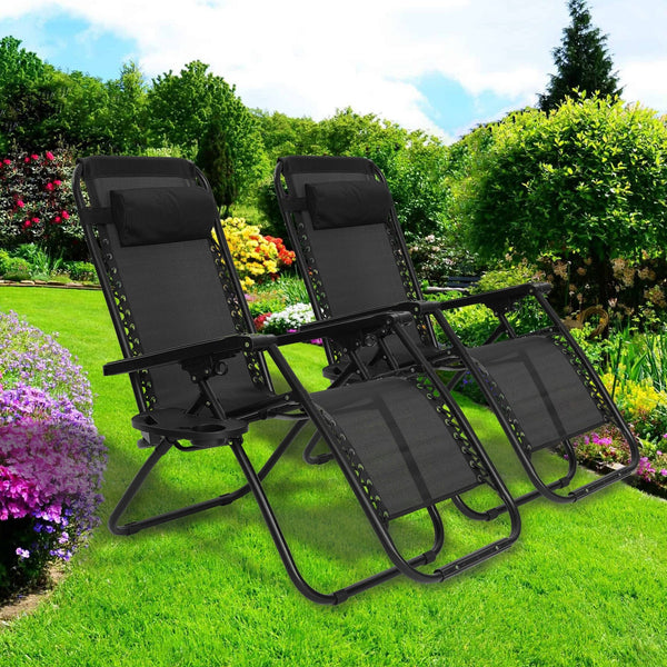 2x Zero Gravity Chair Sun Lounger Outdoor Garden Folding Reclining Mobile & Cup HOLDER