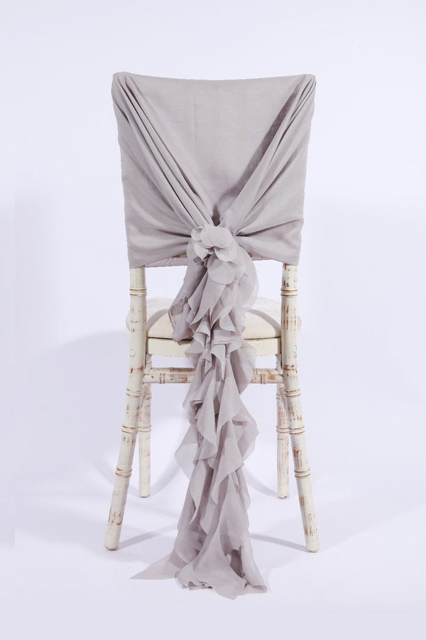 Luxry Chiffon Hoods With Ruffles Decor Chair Cover Sash Wedding Party Events - Grey
