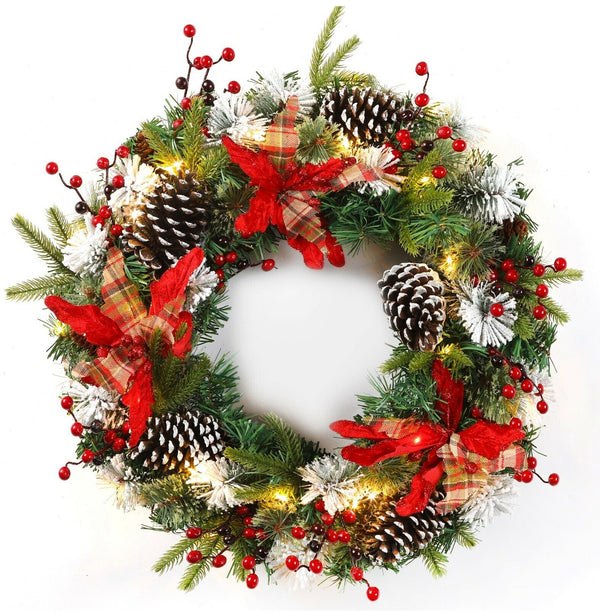 24 inches Christmas Wreath Decorative Garland With Light Door Winter Snow Pine Cone - Flower Berries Pine