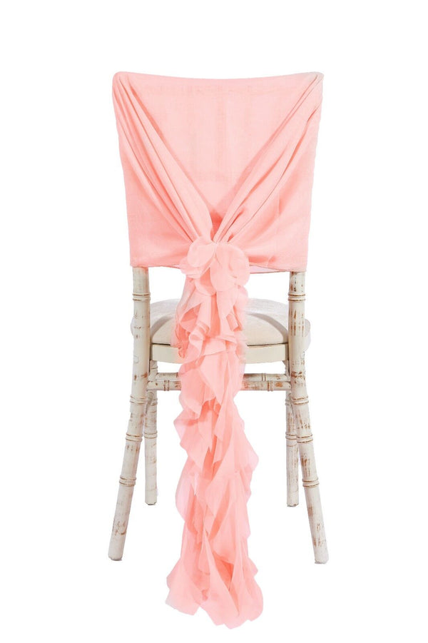 Luxry Chiffon Hoods With Ruffles Decor Chair Cover Sash Wedding Party Events - Coral Pink