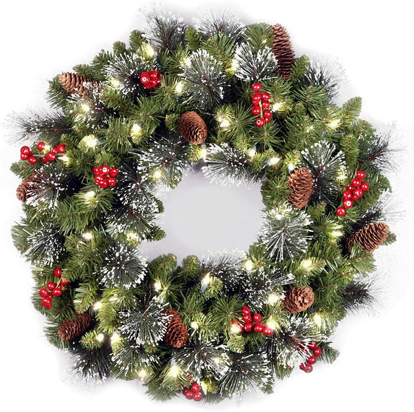 24 inches Christmas Wreath Decorative Garland With Light Door Winter Snow Pine Cone - Winter Wood