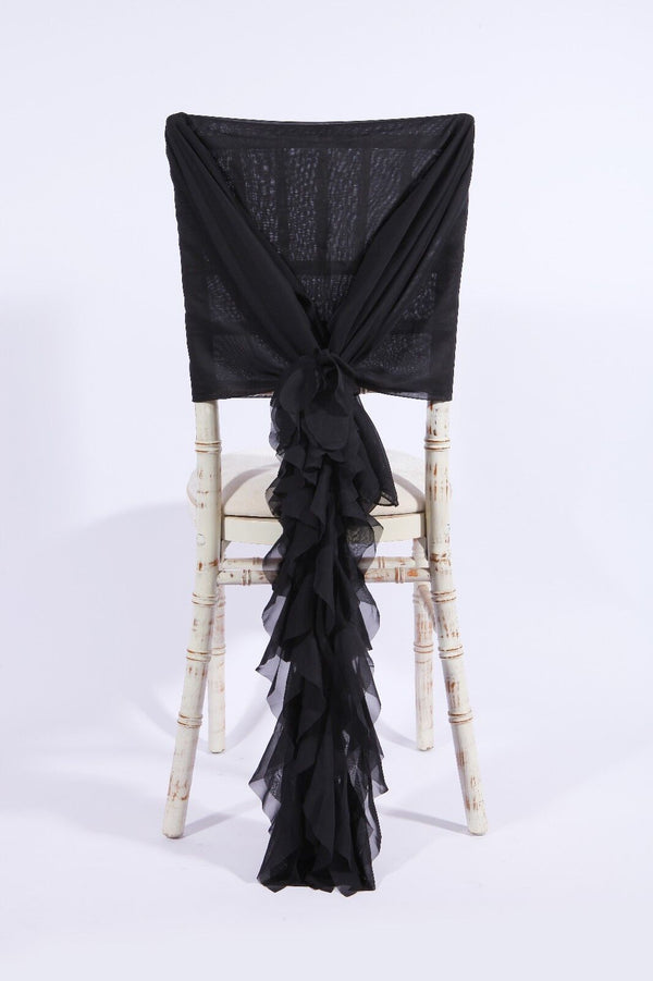 Luxry Chiffon Hoods With Ruffles Decor Chair Cover Sash Wedding Party Events - Black