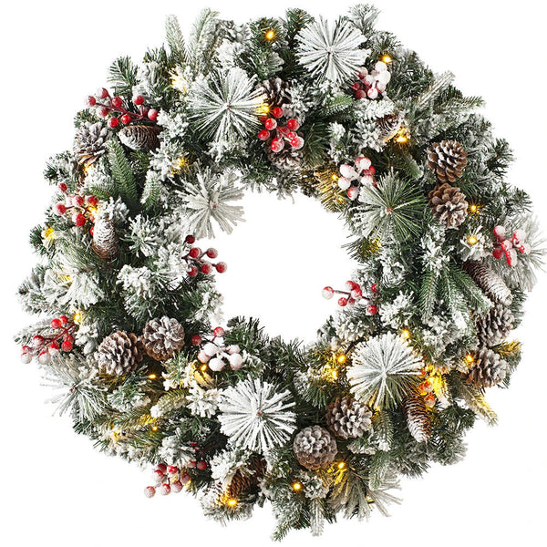 24 inches Christmas Wreath Decorative Garland With Light Door Winter Snow Pine Cone - Snow Forest