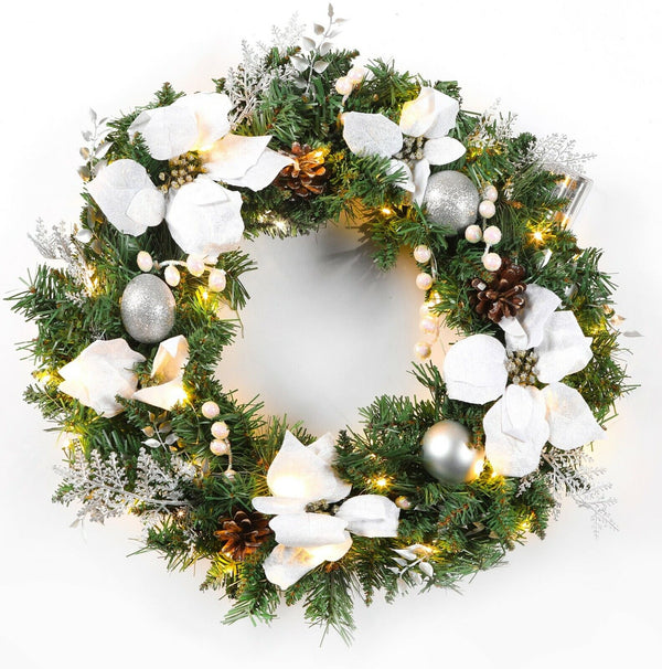 24 inches Christmas Wreath Decorative Garland With Light Door Winter Snow Pine Cone - Silver Flower