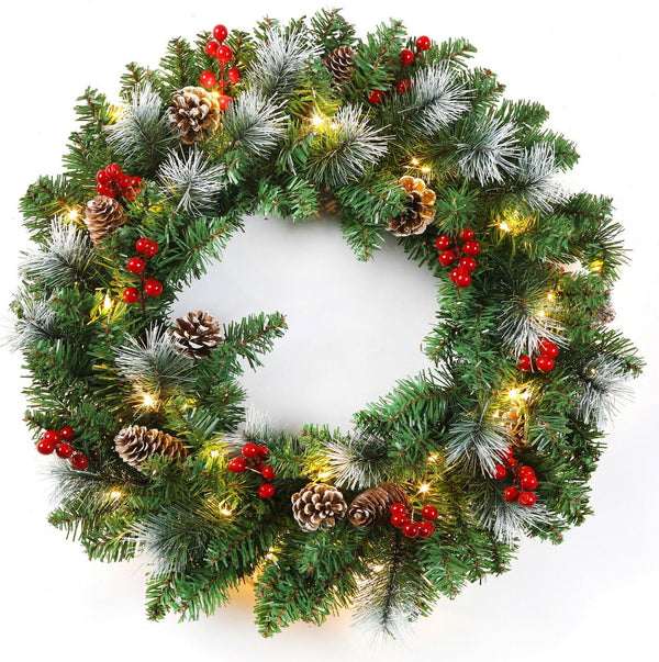 24 inches Christmas Wreath Decorative Garland With Light Door Winter Snow Pine Cone - Snow Berries Pine