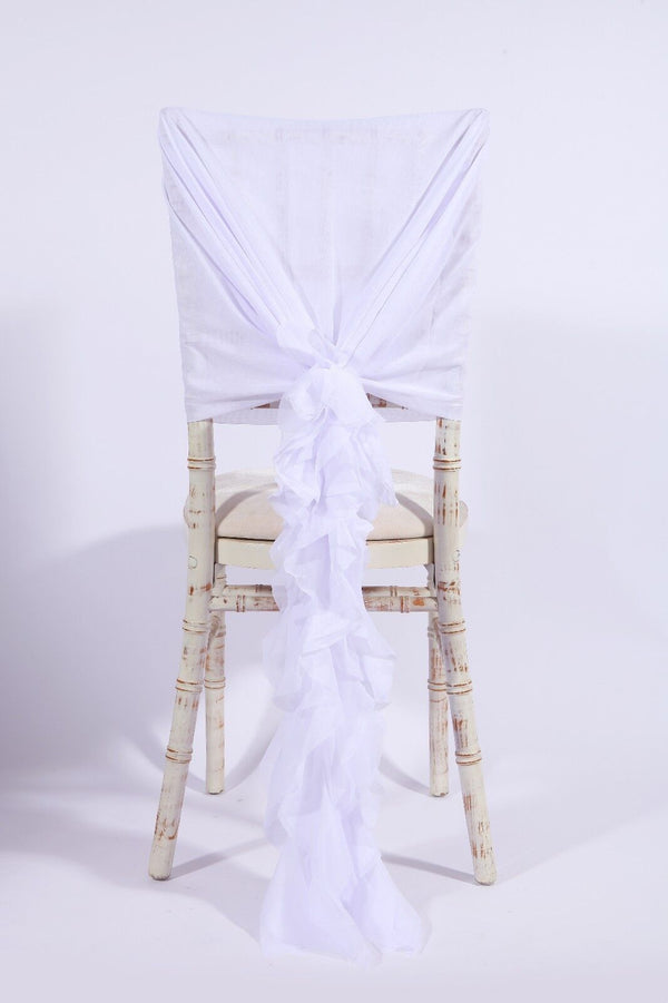 Luxry Chiffon Hoods With Ruffles Decor Chair Cover Sash Wedding Party Events - White