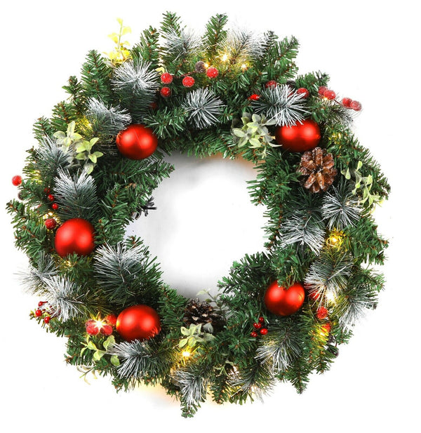 24 inches Christmas Wreath Decorative Garland With Light Door Winter Snow Pine Cone - Frosted Berries Pine