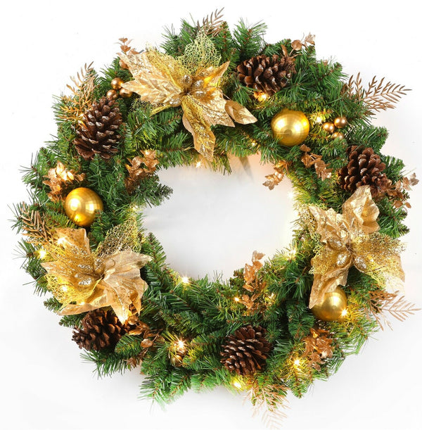 24 inches Christmas Wreath Decorative Garland With Light Door Winter Snow Pine Cone - Golden Flower