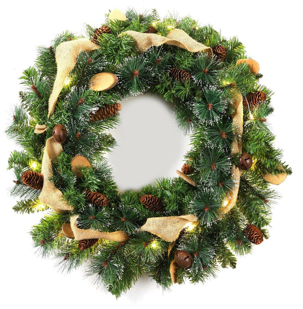 24 inches Christmas Wreath Decorative Garland With Light Door Winter Snow Pine Cone - Hessian Bell Wood