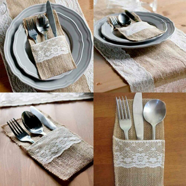 Vintage 4x8 Hessian Burlap Lace Knifes Forks Bag Wedding Tableware Pouch Cutle