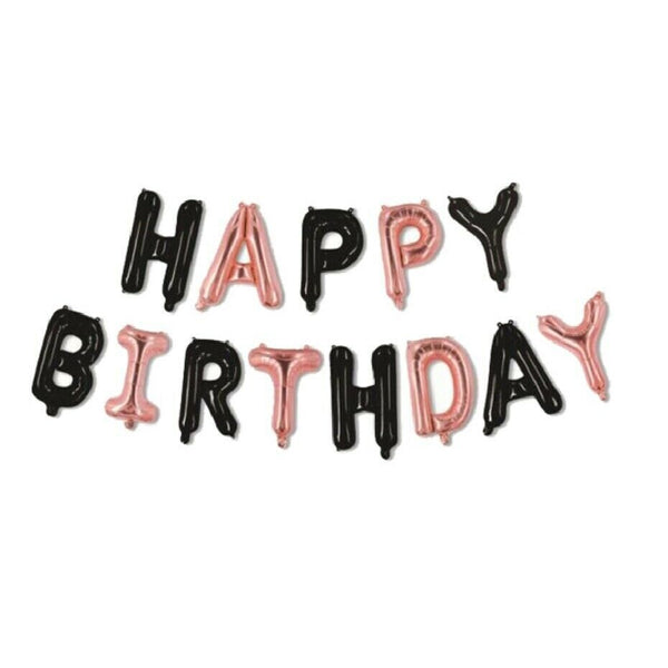 Large 16" Black and Rose Gold Self-Inflating HAPPY BIRTHDAY Balloons Letter Banner Bunting Party Decoratio